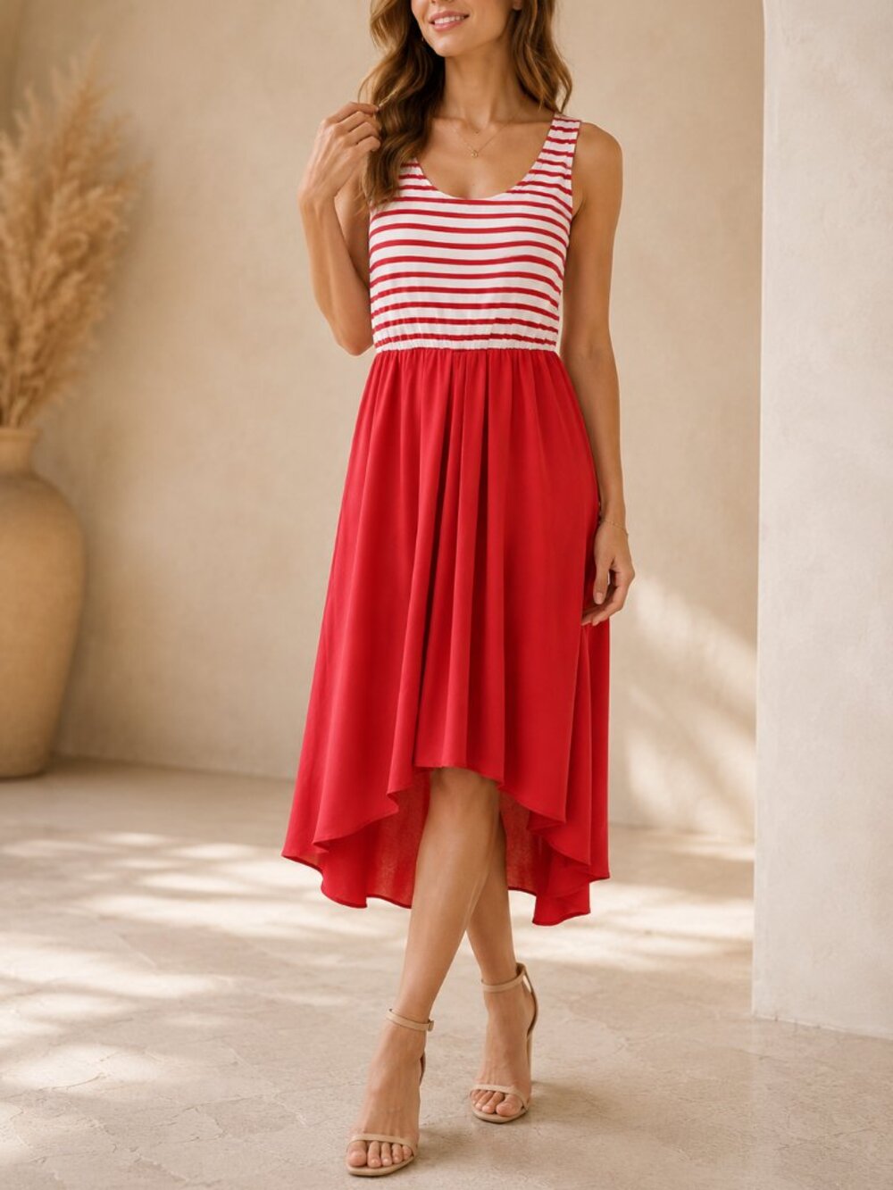 Red White Striped High Low Midi Dress Coastal Nautical
